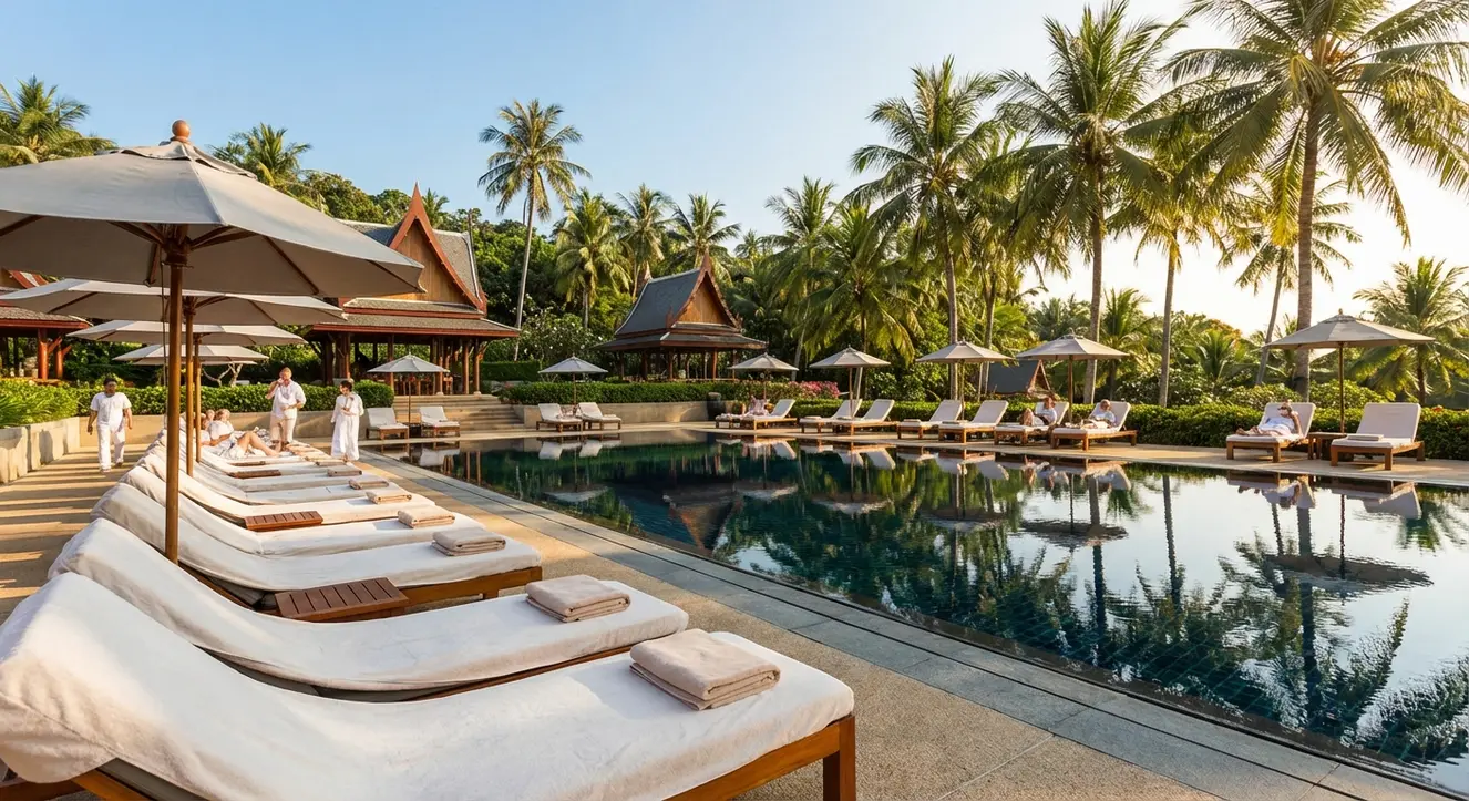 Sonnendurchfluteter Poolbereich eines Resorts mit weißen Liegen, blauer Himmel und palmenumrahmter Gartenanlage im Hintergrund