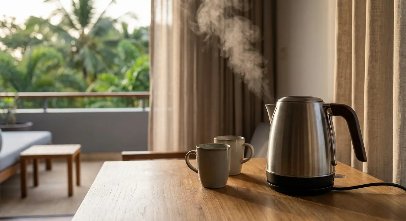 Nahaufnahme eines modernen Wasserkochers in einer Hotel-Suite, morgens mit sanfter Beleuchtung