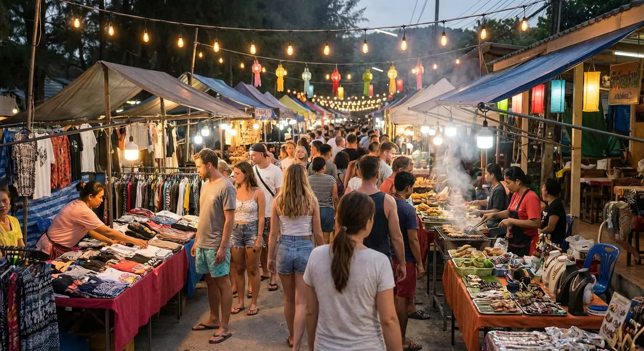 Überfüllter Abendmarkt mit bunten Ständen, viele Besucher in sommerlicher Kleidung, warme Beleuchtung