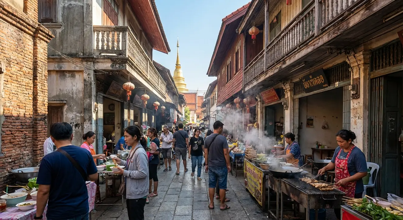 Enge Altstadtgasse bei strahlendem Sonnenschein, mit dampfenden Straßengerichten und historischen Gebäuden im Hintergrund