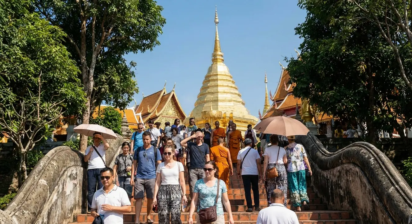 Blick auf Wat Phra That Doi Suthep mit Menschenmassen bei klarem Himmel, thermische Luftspiegelungen bei Hitze