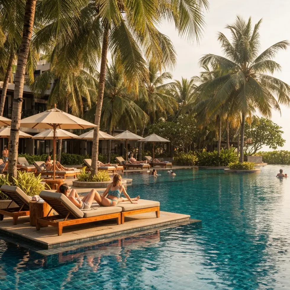 Poollandschaft im Beyond Resort Khao Lak mit Gästen und Palmen