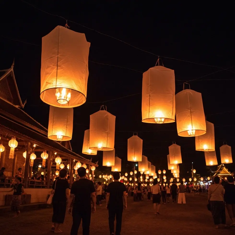 Lichterfest Yi Peng mit leuchtenden Laternen in Chiang Mai, Nachtaufnahme