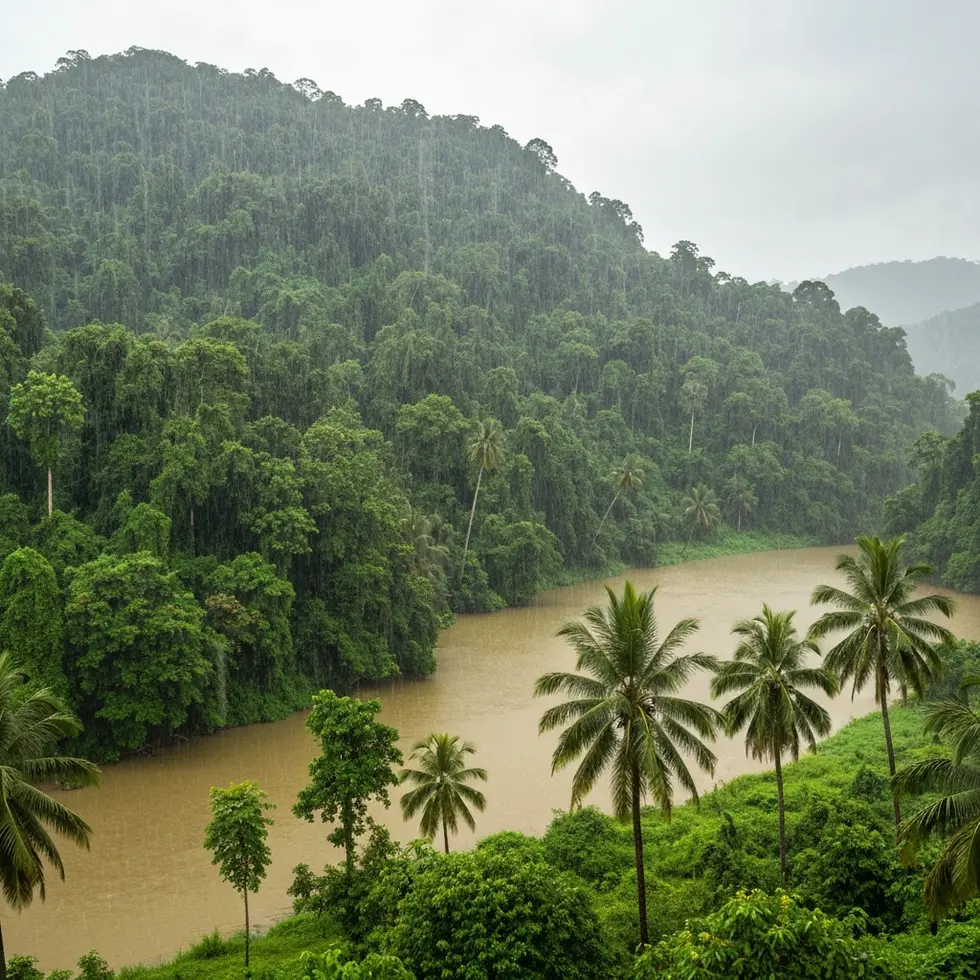 Tropischer Regen über grüne Landschaft in Khao Lak