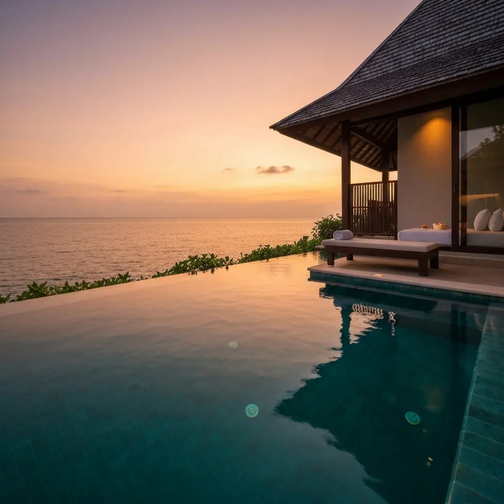 Private Pool einer Villa im Beyond Resort Khao Lak bei Sonnenuntergang