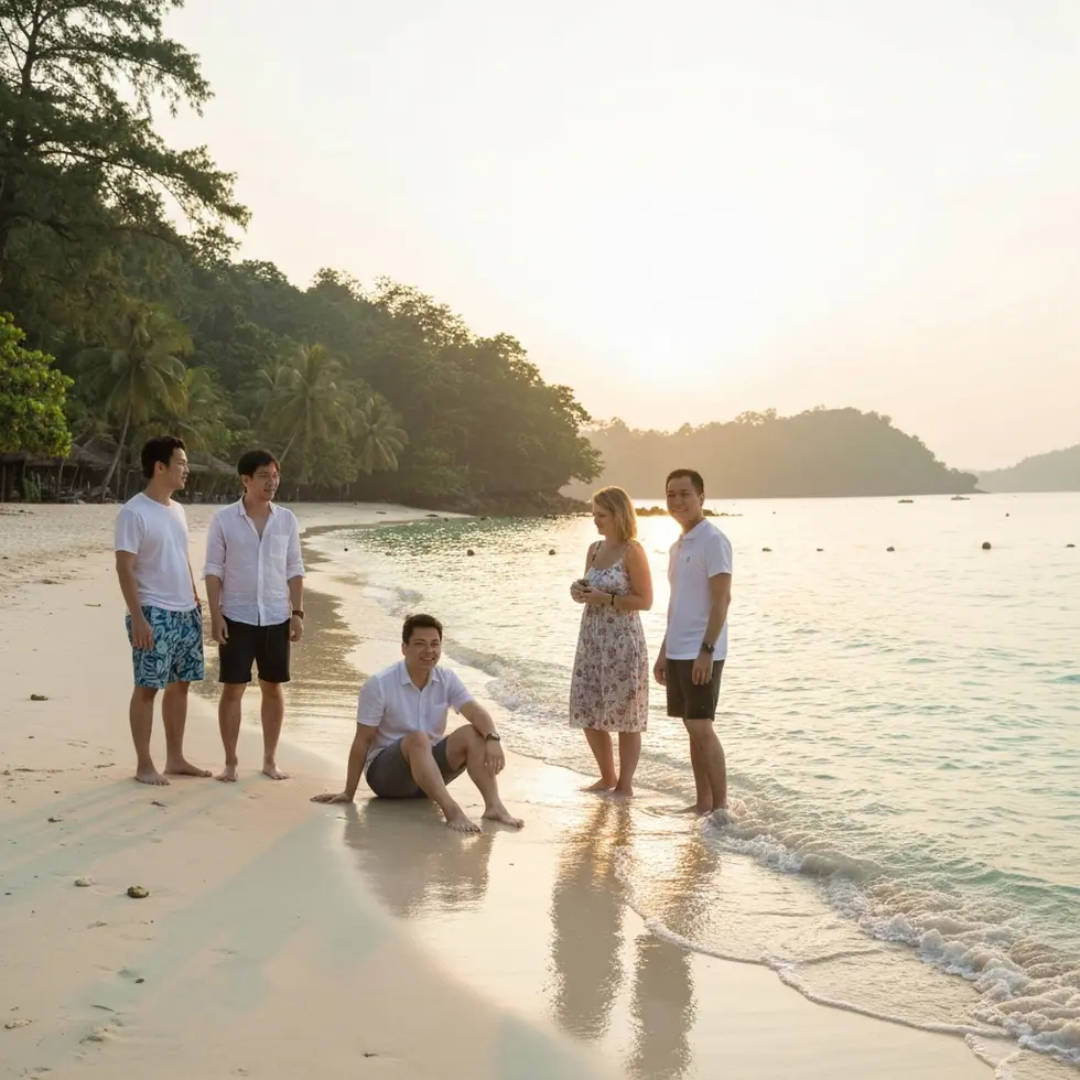 Reisende mit leichter Kleidung bei Sonnenaufgang an einem Strand