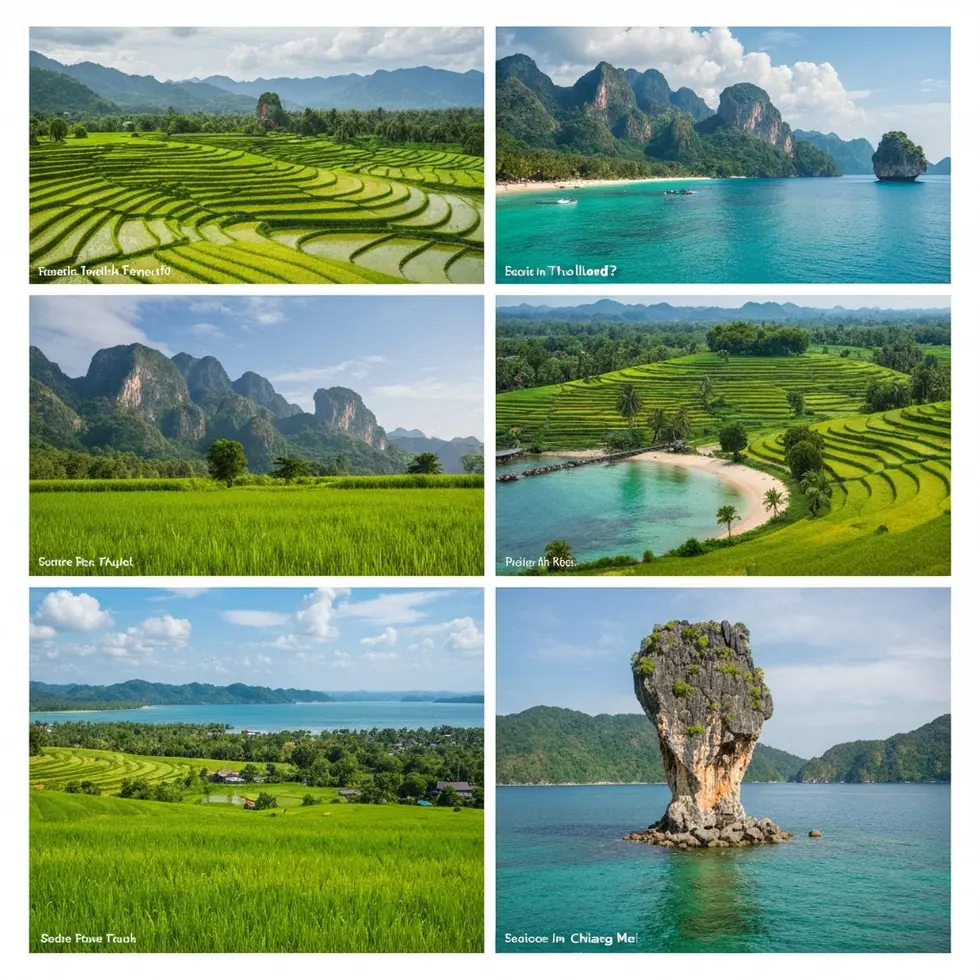 Übersichtskarte mit symbolischen Darstellungen der verschiedenen thailändischen Regionen