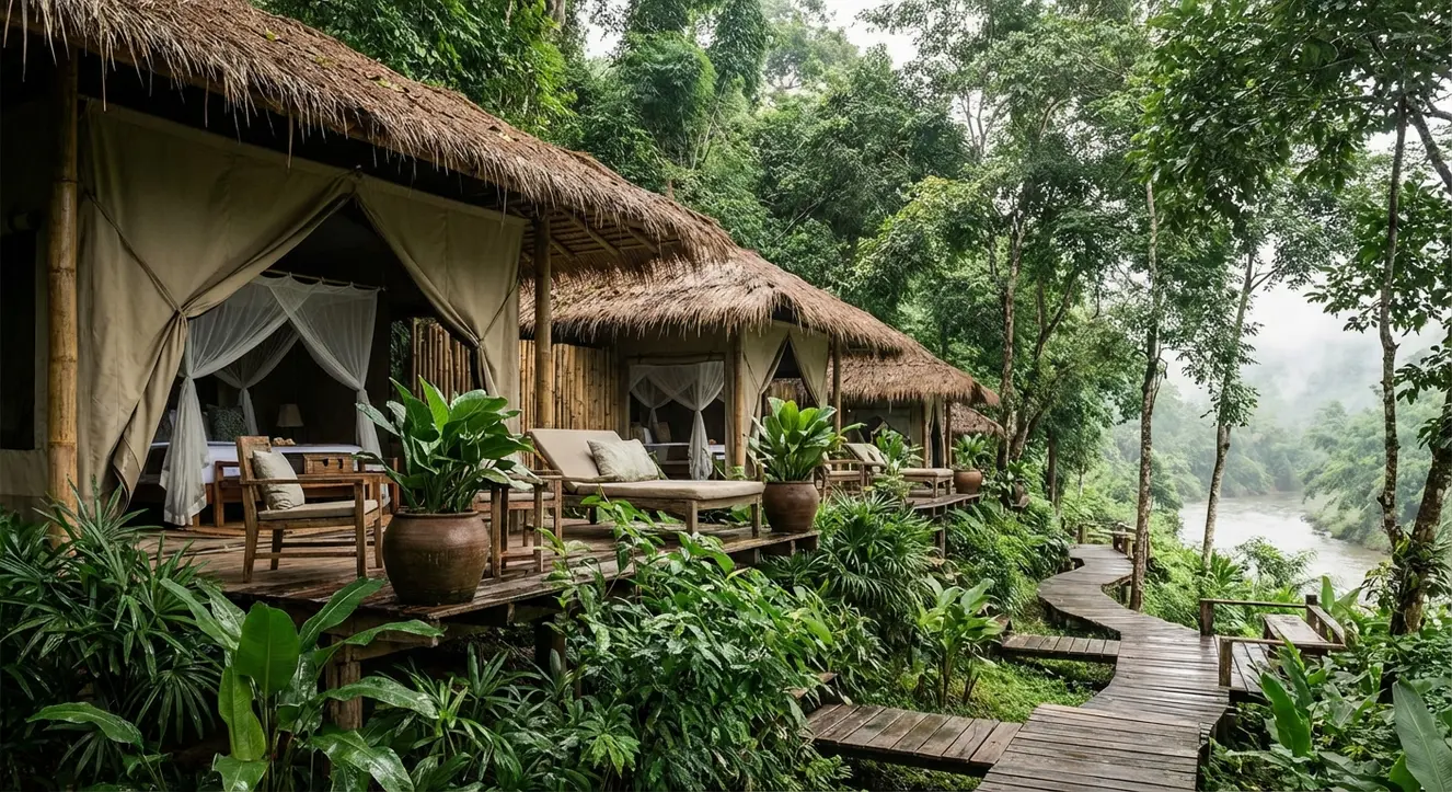 Goldenes Dreieck Thailand: Exklusive Rundreise & Insider-Tipps - Illustration Luxuriöse, nachhaltig gestaltete Zelte inmitten dichten Dschungels mit natürlicher Belüftung und viel Grün