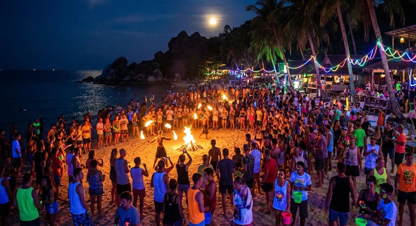 Voller Strand bei Nacht mit tanzenden Menschen, farbiges Neonlicht und flackernde Feuerstellen an einer tropischen Küste
