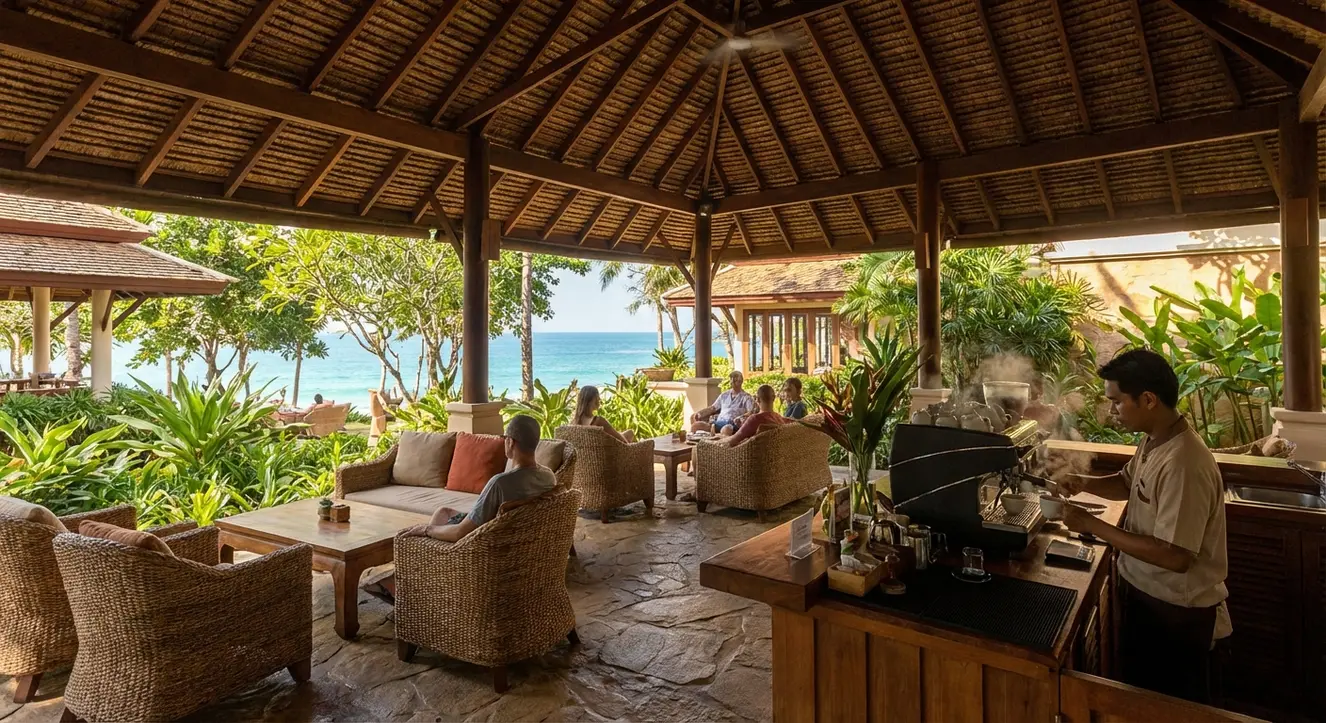 Tropischer Resort-Lobbybereich mit offener Atmosphäre und Kaffeeduft