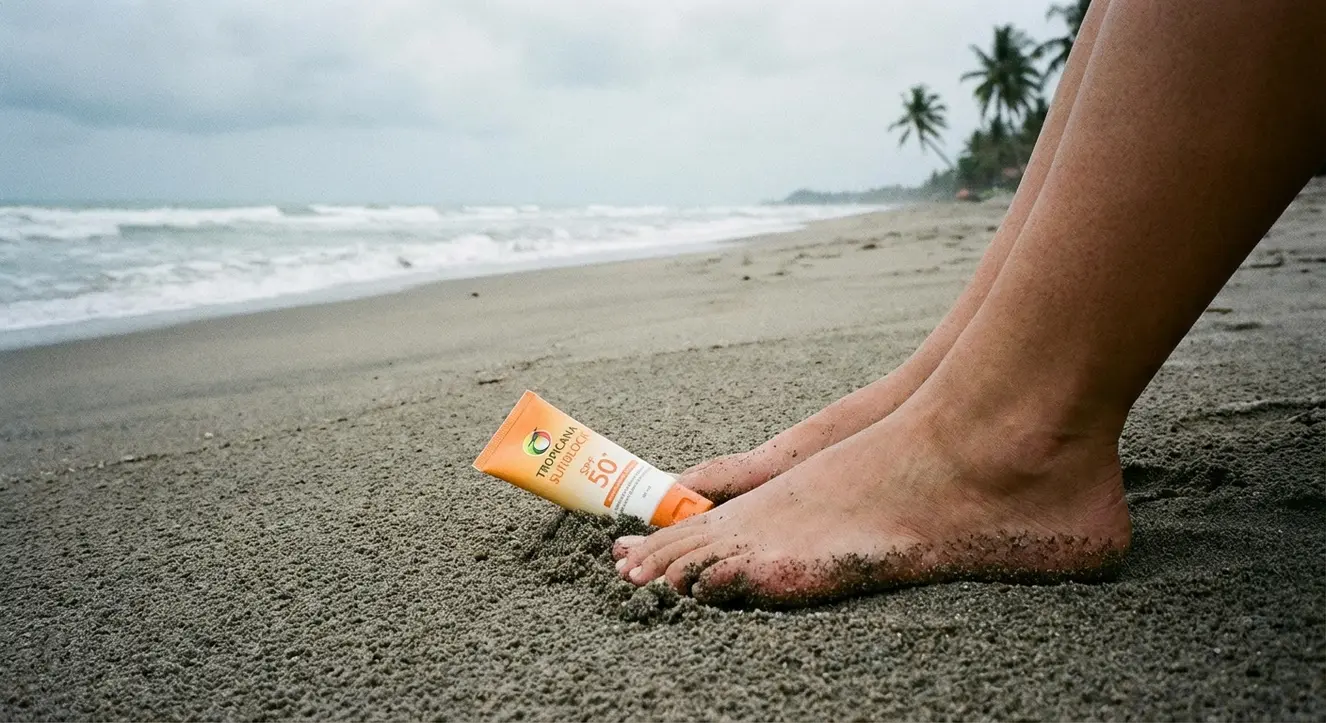 Sandstrand mit grauem Himmel, Füße versinken im Sand, ein Sonnenblocker liegt halb bedeckt im Sand