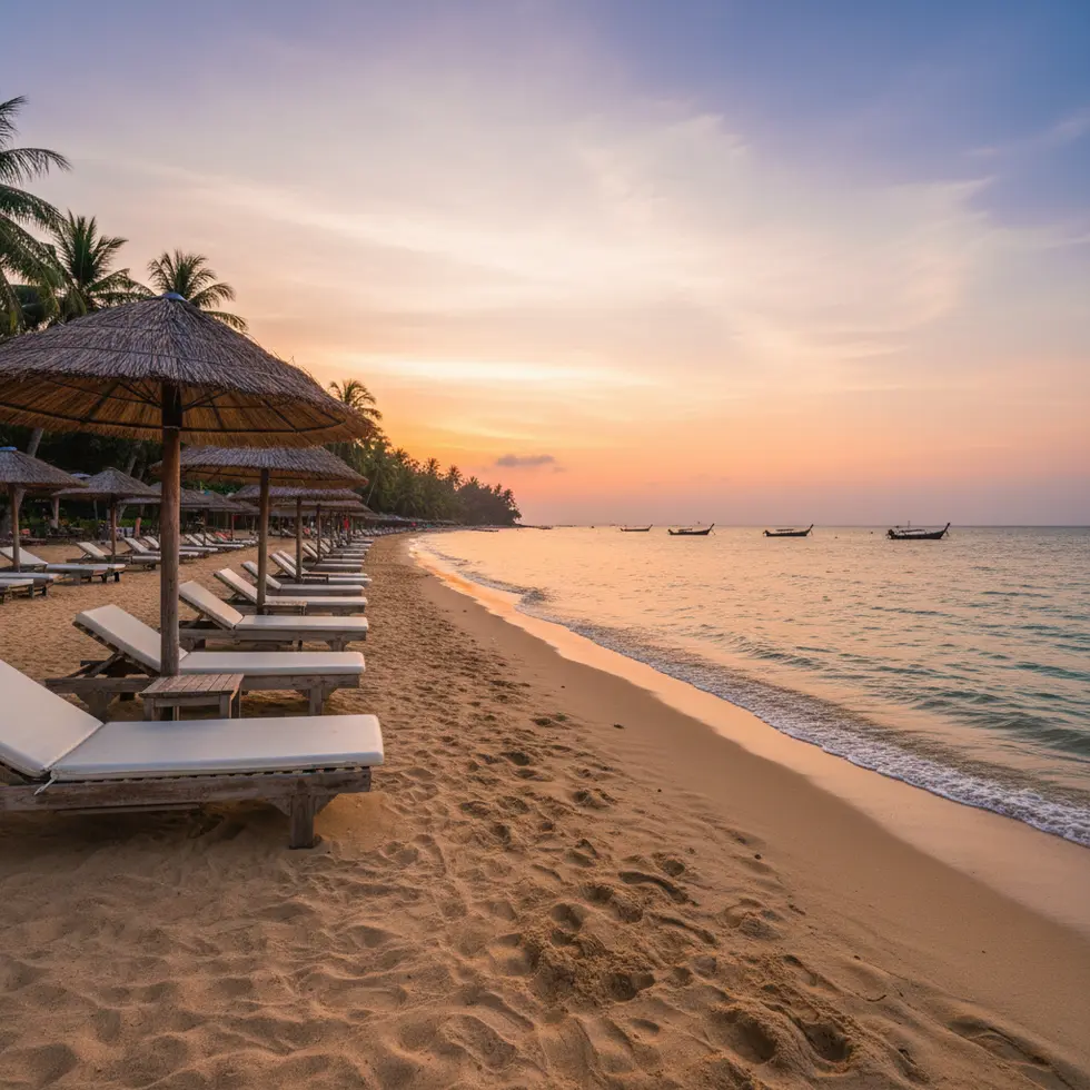 Strand bei Sonnenuntergang mit leeren Liegestühlen und weichem Sand