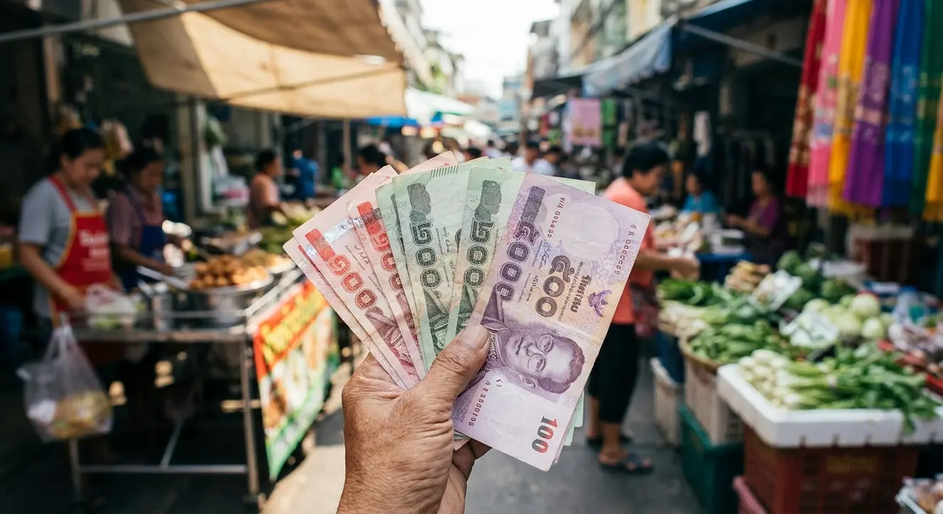 Nahaufnahme einer Hand, die thailändische Baht-Scheine hält, verschwommener Markt im Hintergrund