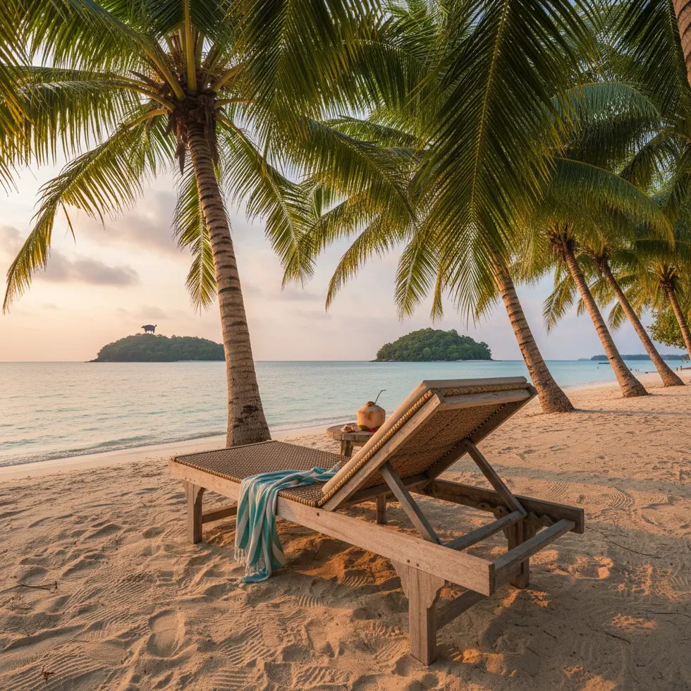 Ein gemütlicher, rustikaler Liegestuhl unter Palmen mit tropischer Abendstimmung