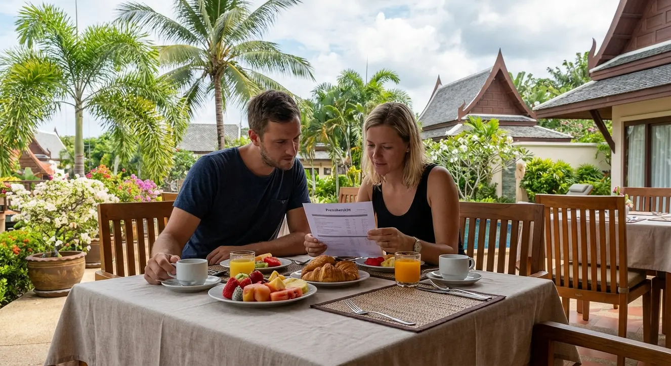 Preisübersicht mit zwei Personen und Frühstück am Resort gesetzt, tropische Umgebung im Hintergrund