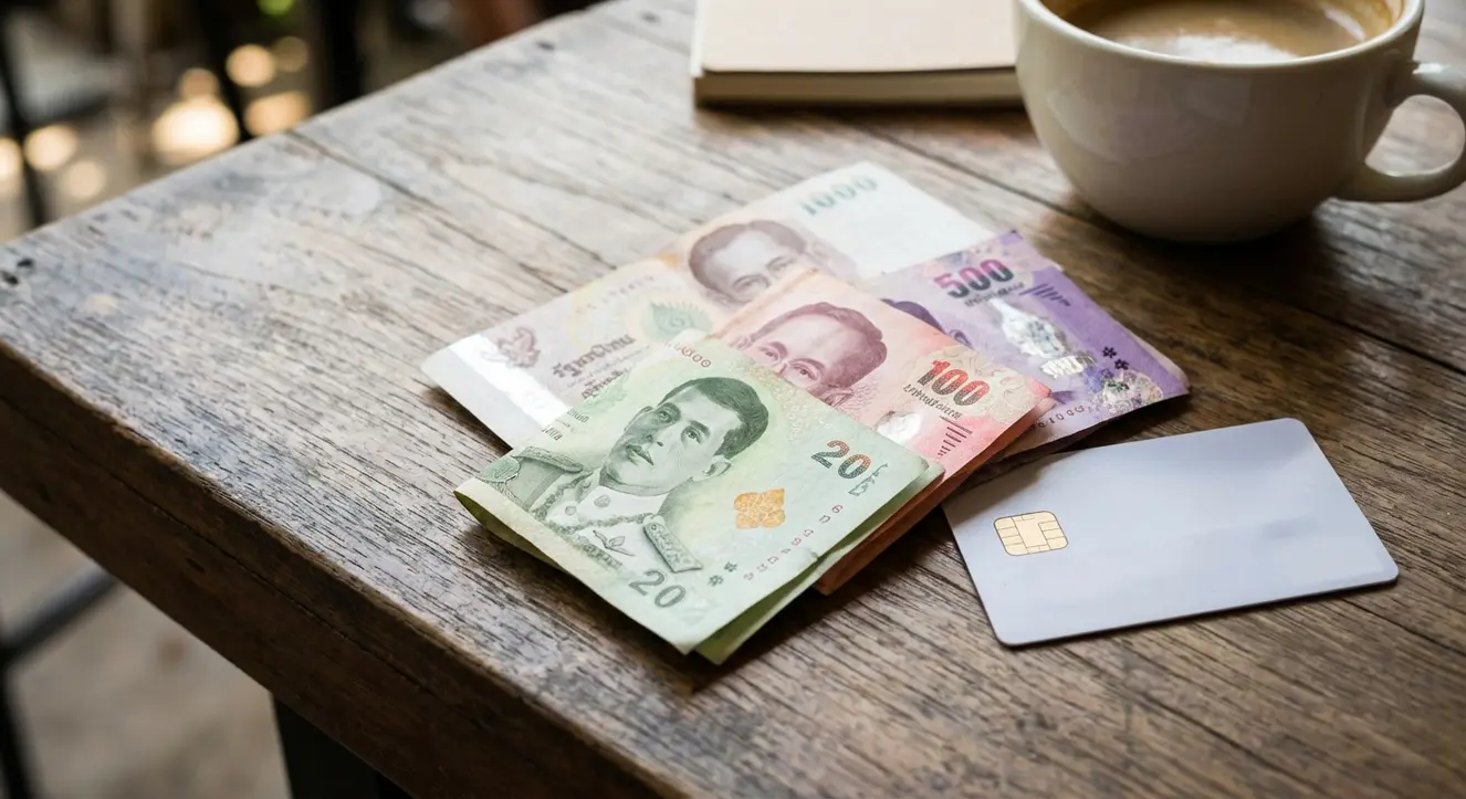 Nahaufnahme von Kreditkarte neben thailändischen Banknoten auf einem Tisch