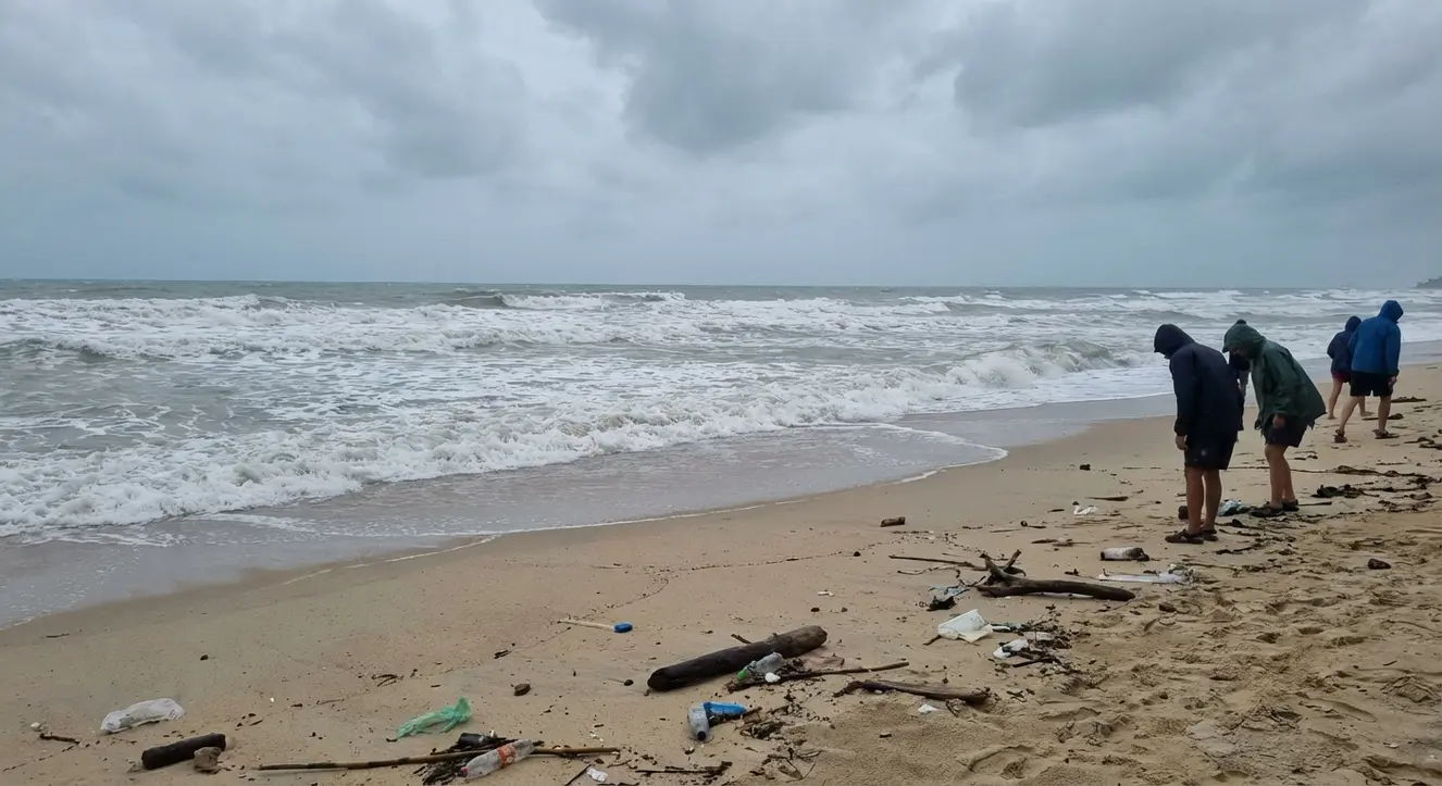 Starker Wellengang am Strand, bewölkter Himmel, vereinzelt Müll im Sand
