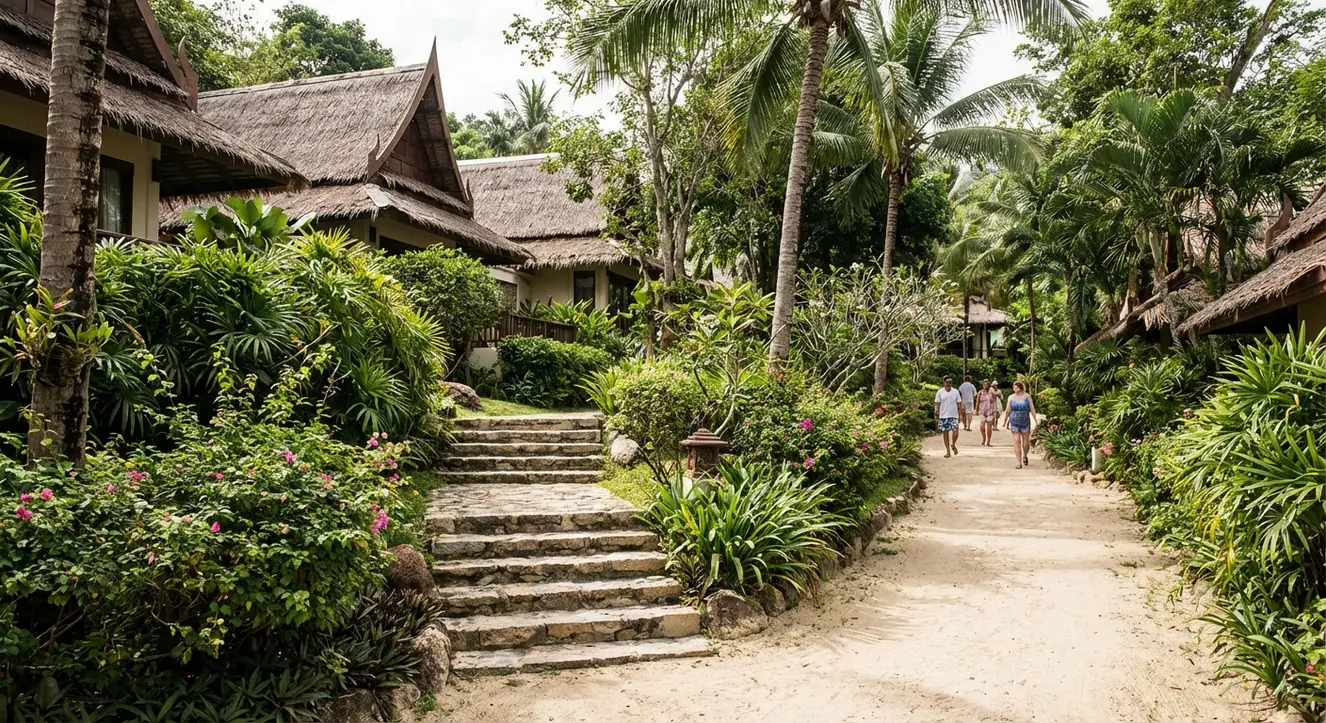 Strandweg mit tropischer Vegetation, kleine Treppen, weitläufige Wege zwischen den Villen