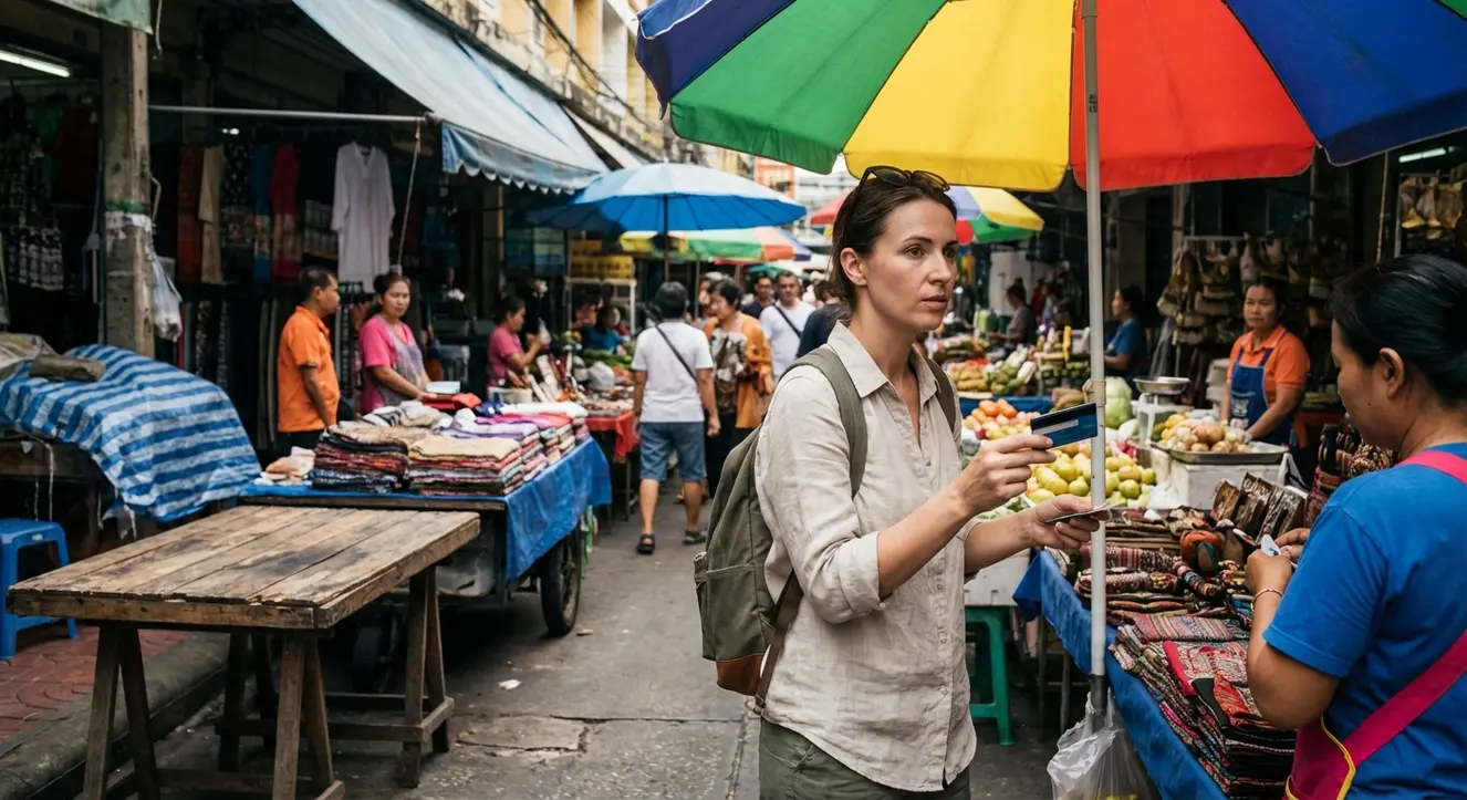 Touristin zeigt ihre Kreditkarte an einem Straßenmarkt, vorsichtig und aufmerksam