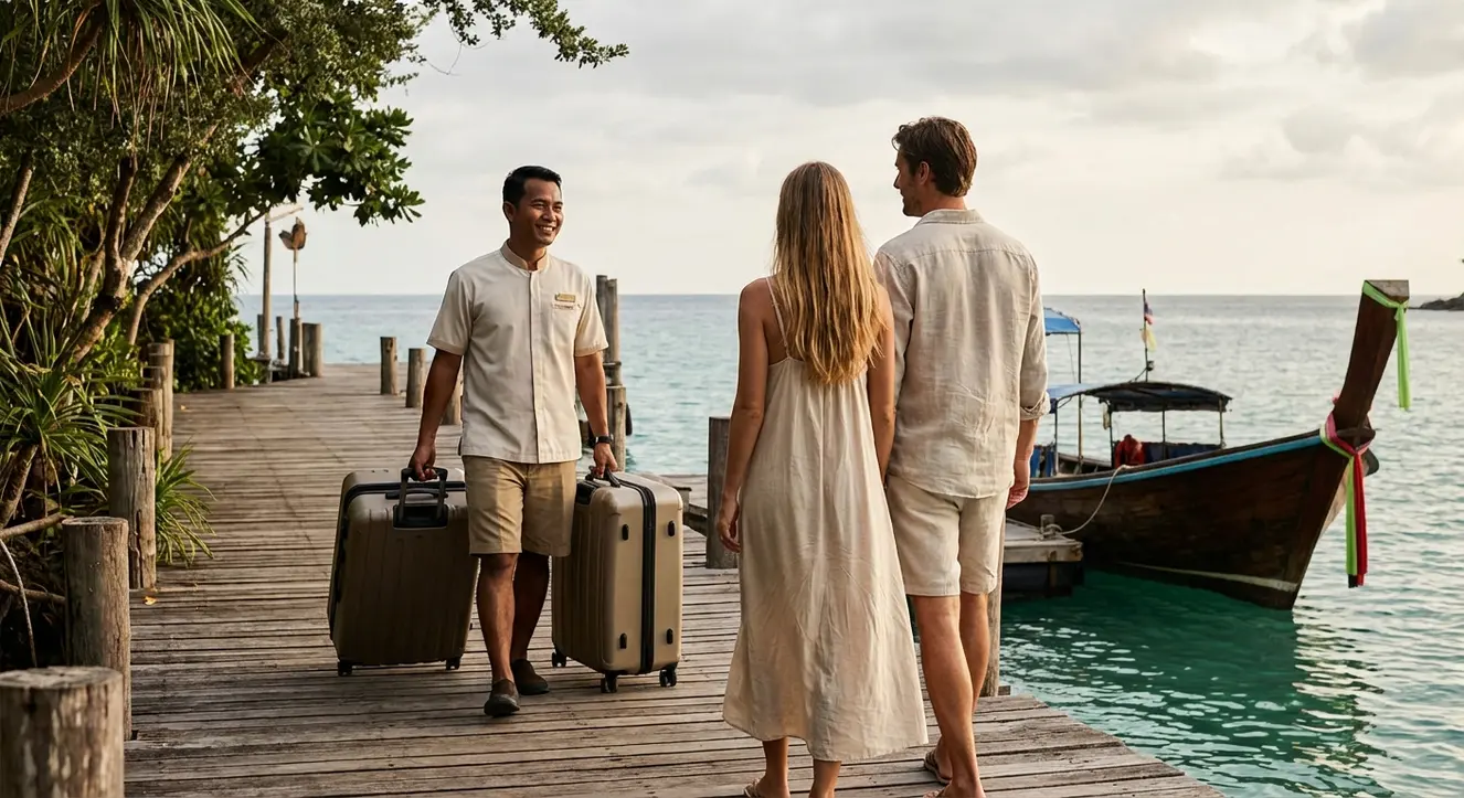 Resort-Mitarbeiter beim Gepäckservice am Steg, Gäste in leichter Kleidung