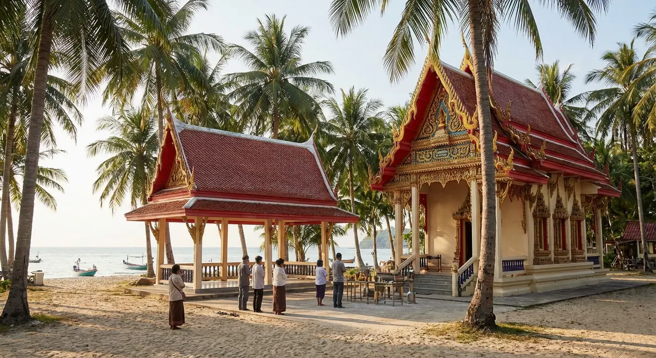 Traditioneller Tempel mit Gläubigen, Palmen im Hintergrund, ruhige Atmosphäre