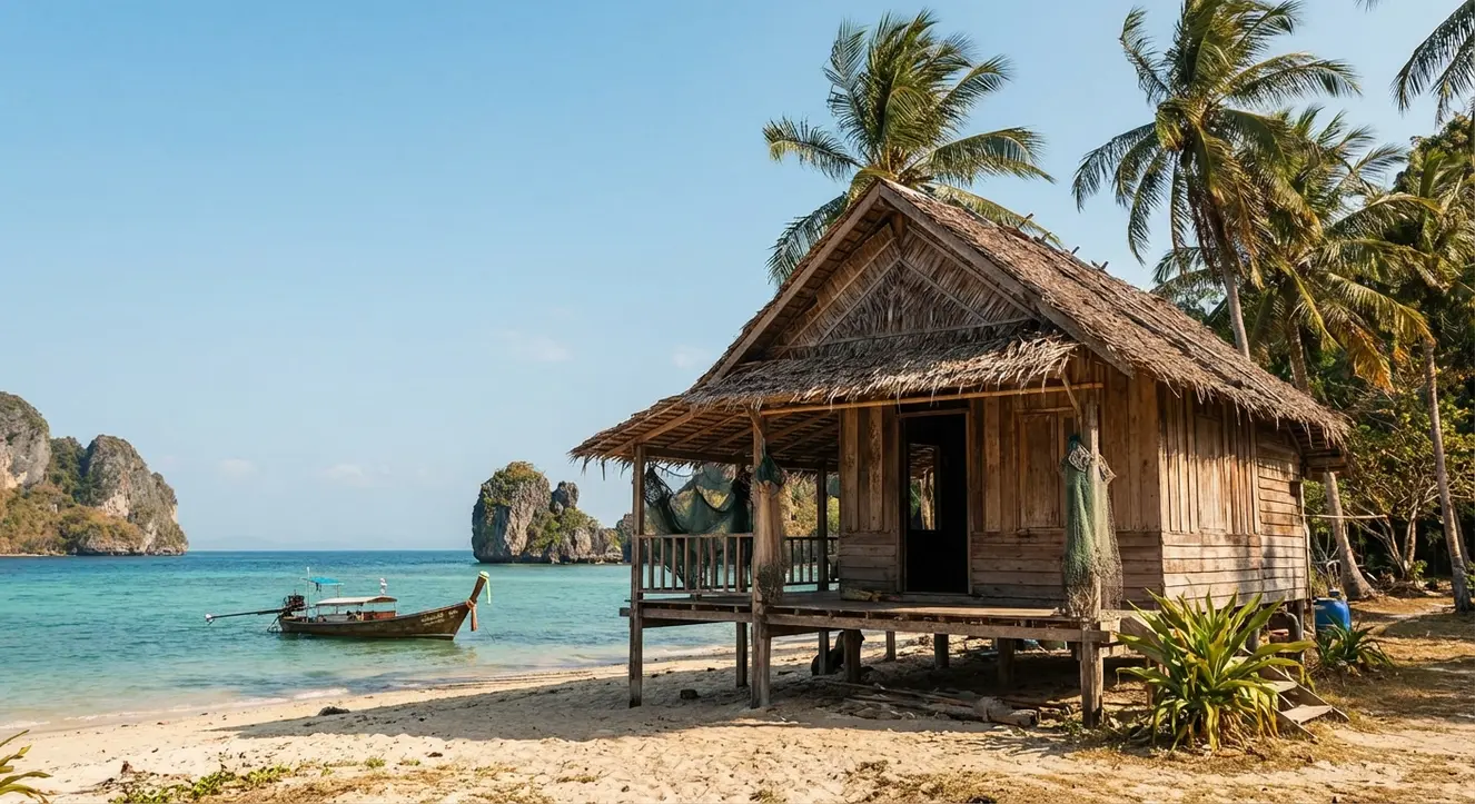Rückwärtige thailändische Inselküste mit einem kleinen Holzhaus, klarer Himmel und sanfte Meeresbrise, natürliche Farben