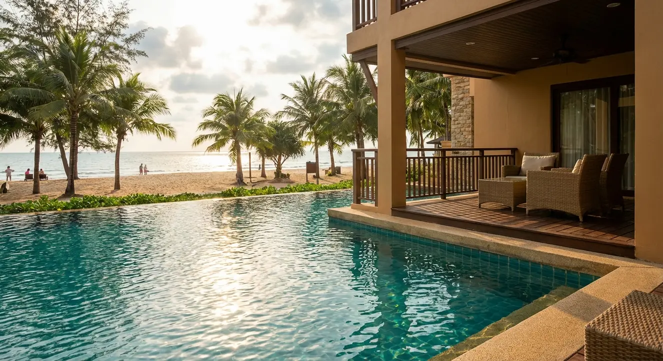 Sonnenlicht spiegelt sich auf der ruhigen Wasseroberfläche eines schimmernden Pools neben einem Hotelbalkon am tropischen Strand