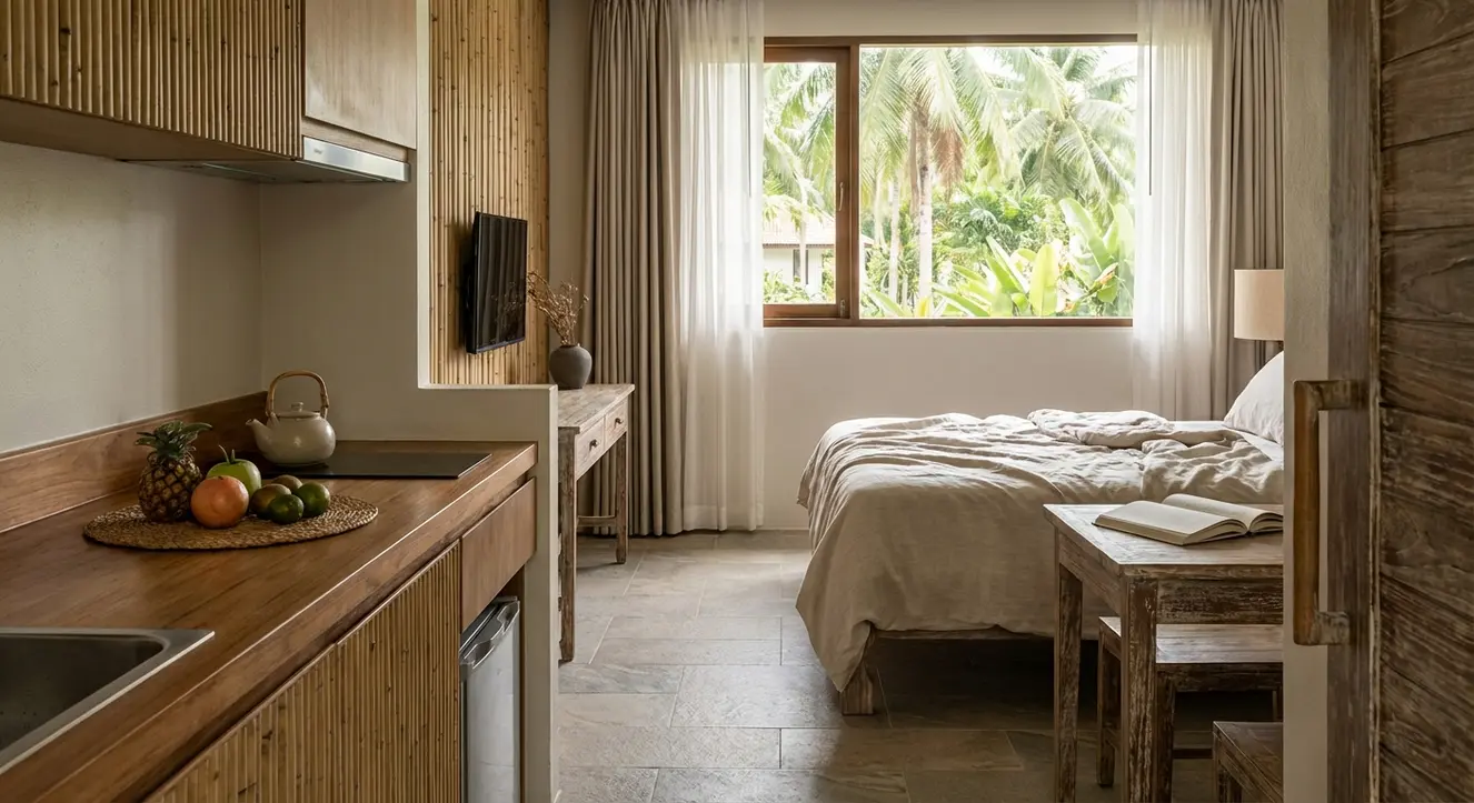 Details eines tropischen Hotelzimmers mit moderner Küchenecke, ruhiger Atmosphäre und Blick auf Palmen