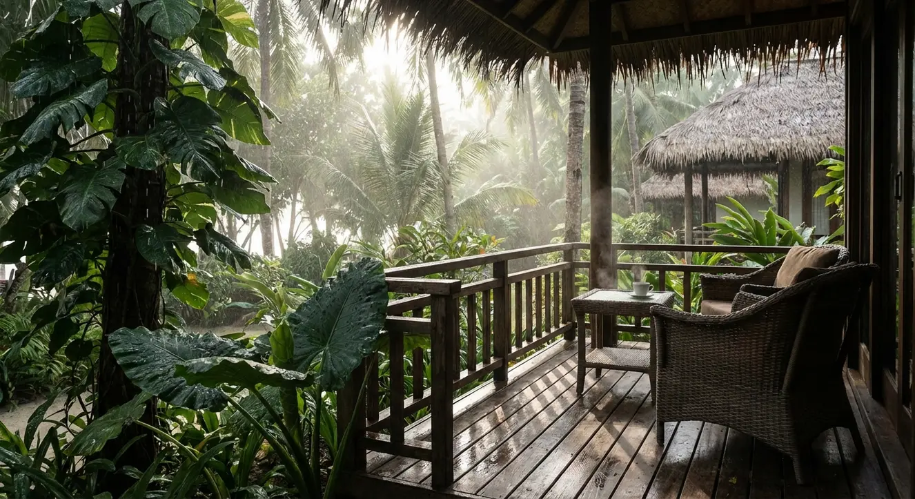 Ruhige Bungalow-Terrasse mit tropischer Vegetation und feuchter Luft, Sonnenlicht fällt gedämpft durch Blätter