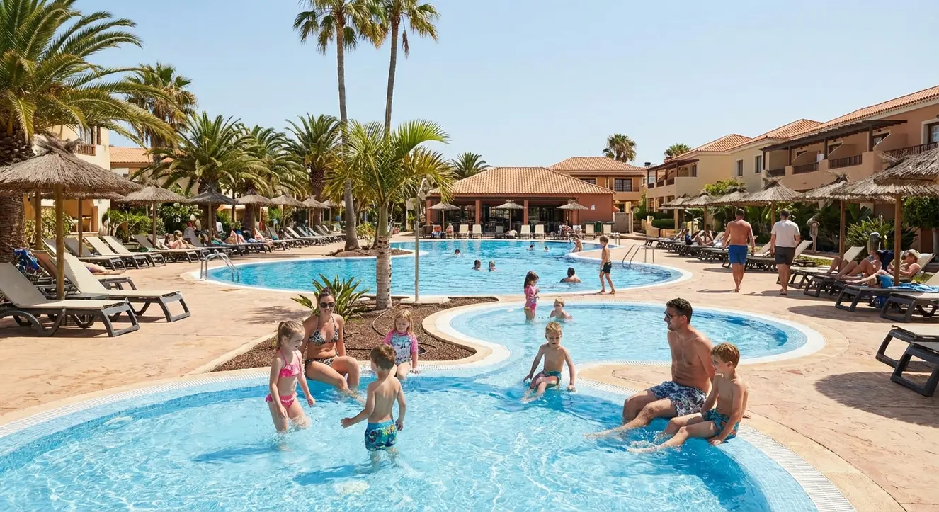 Außenanlage eines Resorts mit mehreren Pools, spielenden Kindern und Familien, sonniger Tag, entspannte Stimmung