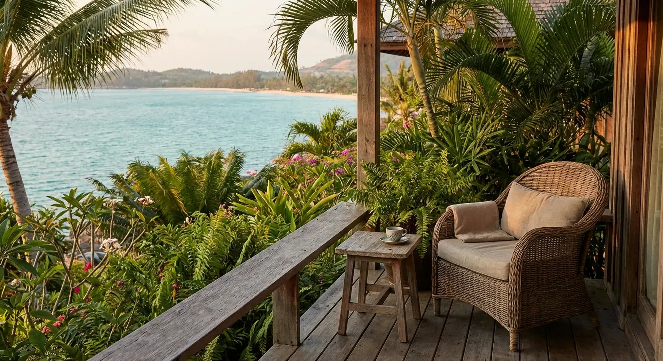 Ruhige Veranda mit Meerblick, tropische Pflanzen rundherum, sanftes Abendlicht