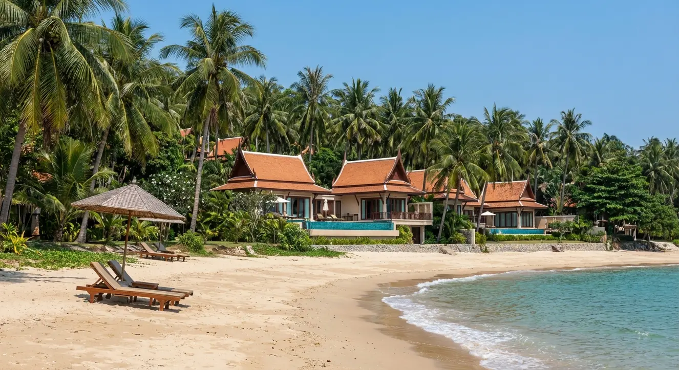 Ruhiger Strandabschnitt mit Luxusvillen im Hintergrund, Palmen und klarem Himmel