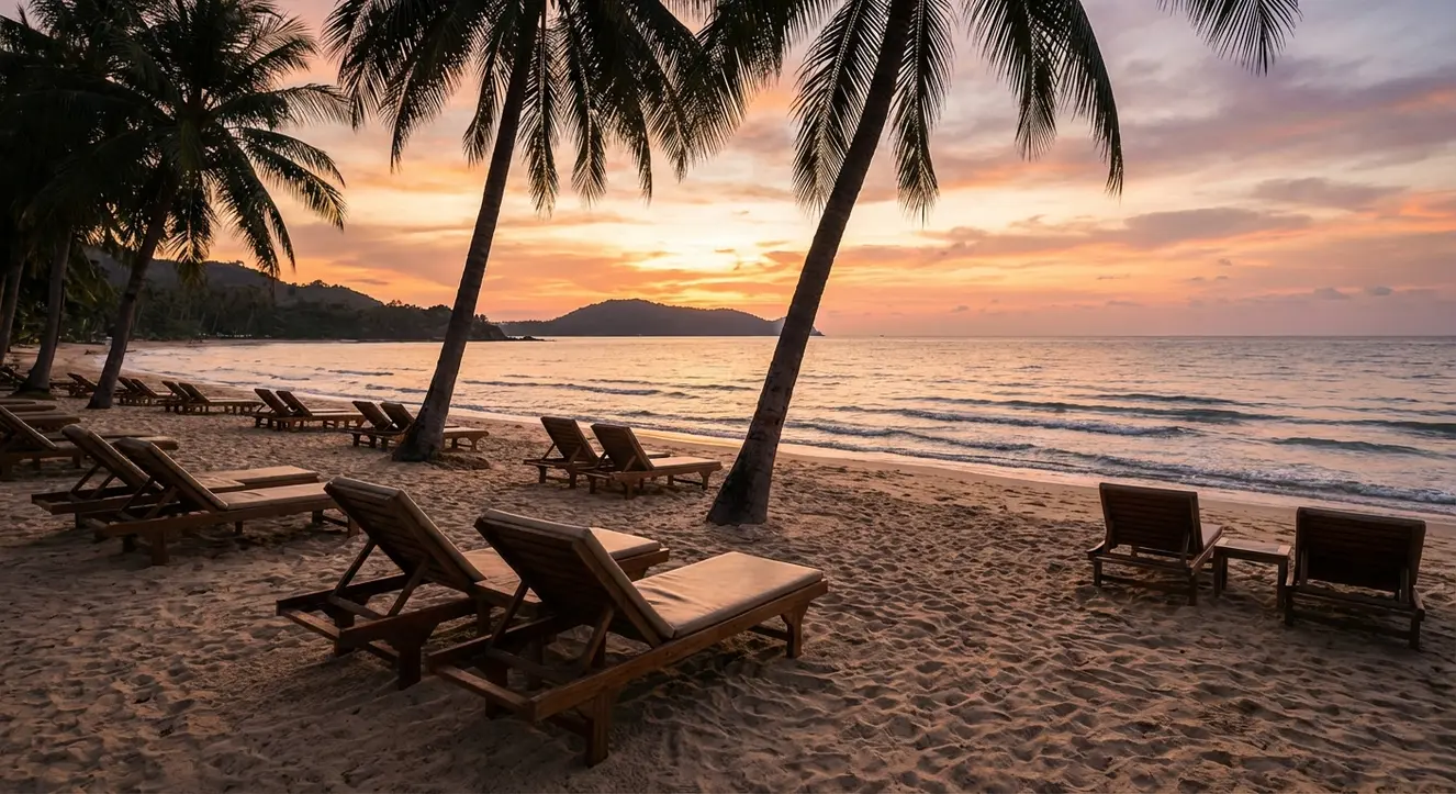 Sonnenuntergang über einem ruhigen, tropischen Strand mit sanften Wellen und vereinzelten Liegestühlen am Sandstrand