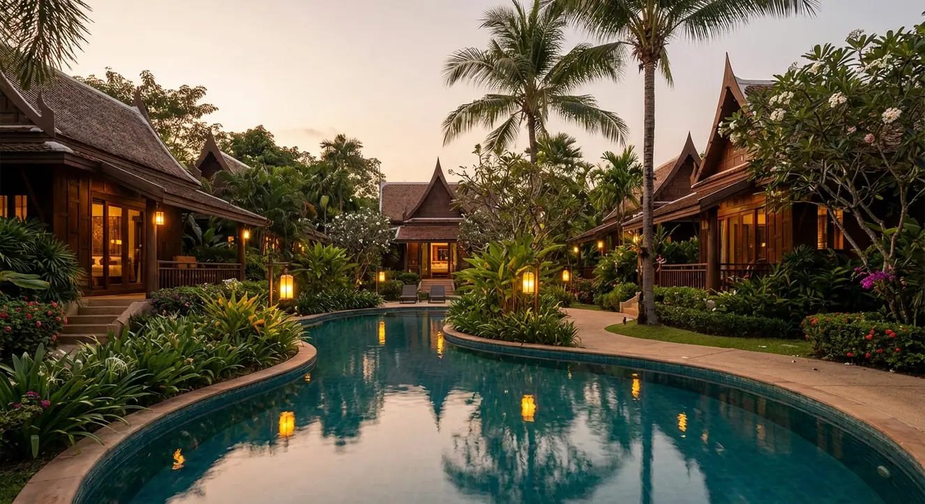 Blick auf ein Resort mit Pool und thailändischem Garten, in ruhiger Abendstimmung, klare Details