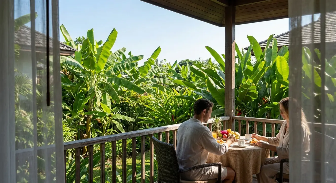 Santiburi Koh Samui: 5-Sterne Luxus-Resort & Preise 2026 - Illustration Sonnendurchfluteter Balkon mit Blick auf grüne Bananenstauden und tropische Pflanzen, sanfte Meeresbrise, klare Farben, natürliche Atmosphäre