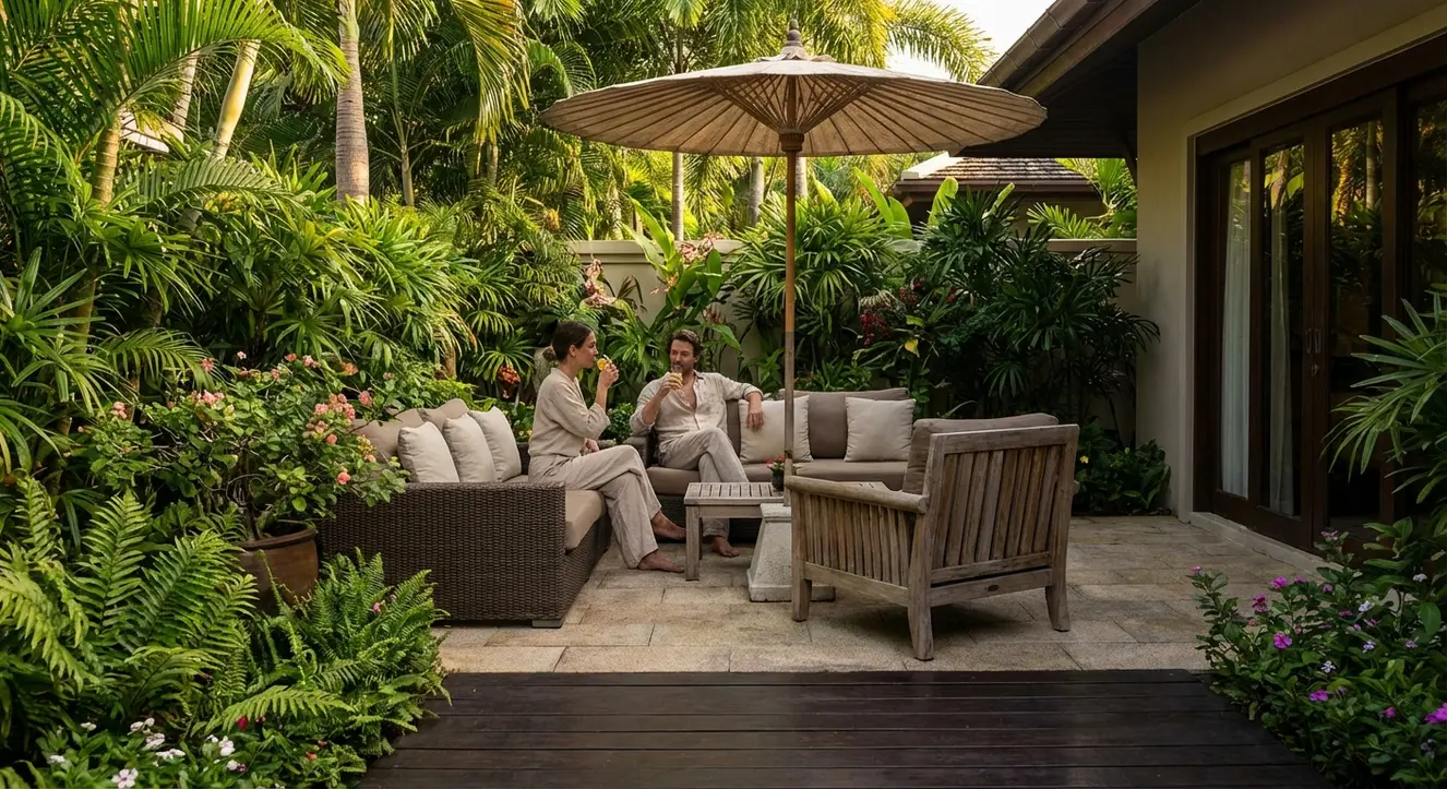 Santiburi Koh Samui: 5-Sterne Luxus-Resort & Preise 2026 - Illustration Gemütliche Terrasse einer Luxusvilla mit Privatsphäre, tropische Pflanzen umgeben den Bereich, gedämpftes Licht am späten Nachmittag