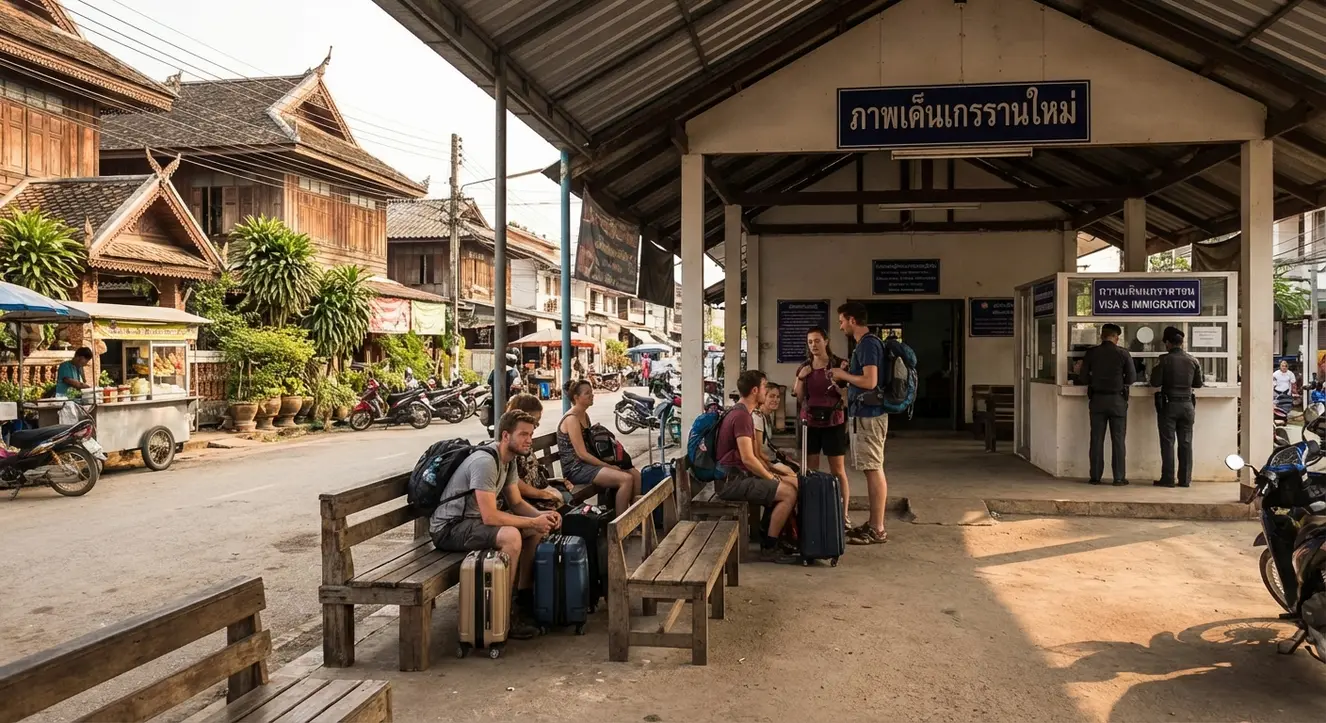 Eine entspannte Straßenszene in Chiang Mai mit wartenden Reisenden, einem Immigration-Schalter und typisch thailändischer Architektur im Hintergrund