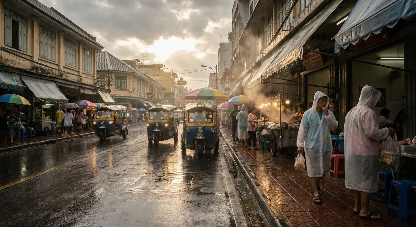 Straßeansicht in Bangkok, Regen und Sonne wechseln sich ab, nasse Gehwege und schwüle Atmosphäre, natürliche Farben, Tageslicht