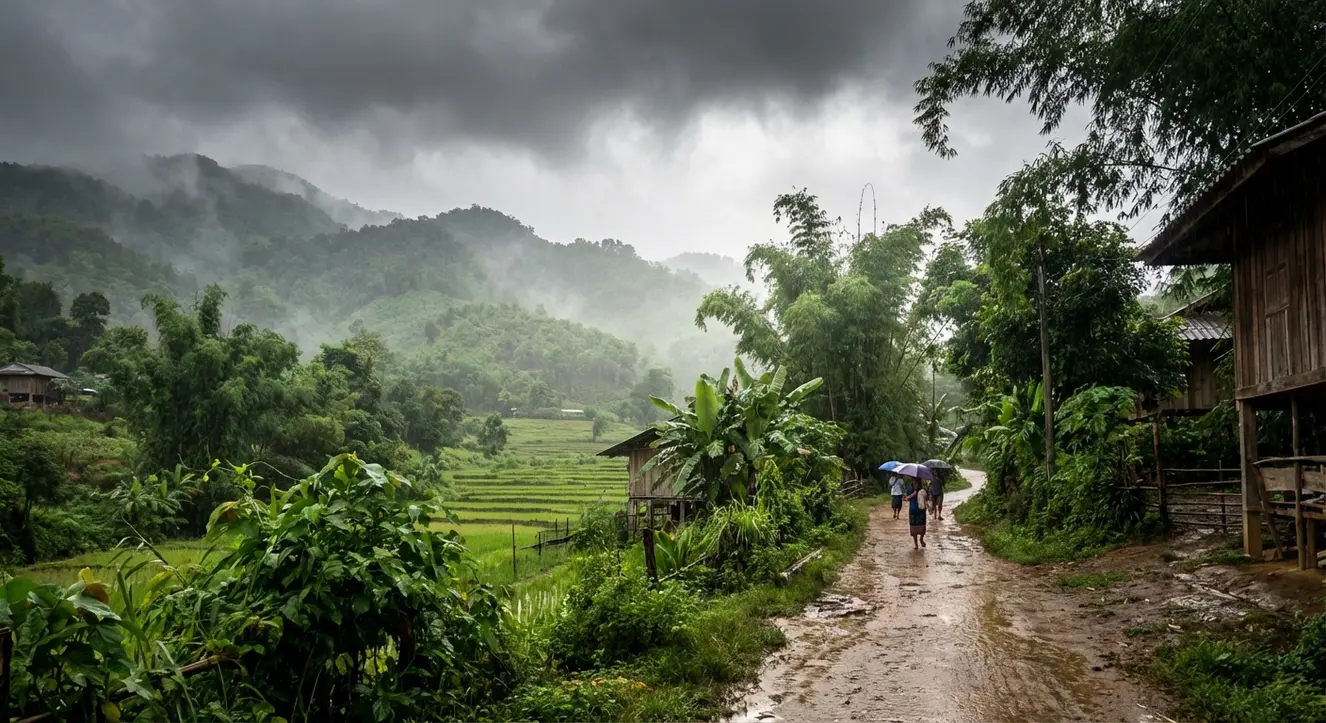 Regenlandschaft in Nordthailand mit dichten Wolken, sattgrüner Vegetation und nassen Wegen, atmosphärisches Morgenlicht