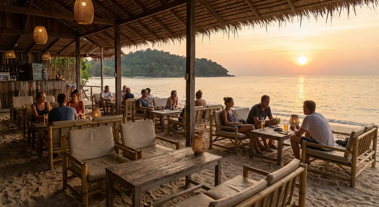 Thailands schönste Orte: Top 15 Reiseziele & Geheimtipps - Illustration Sonnenuntergang am ruhigen Strand eines kleinen thailändischen Inselcafés mit Blick auf das Meer und eine ruhige Insel im Hintergrund, natürliche Farben, entspannte Atmosphäre