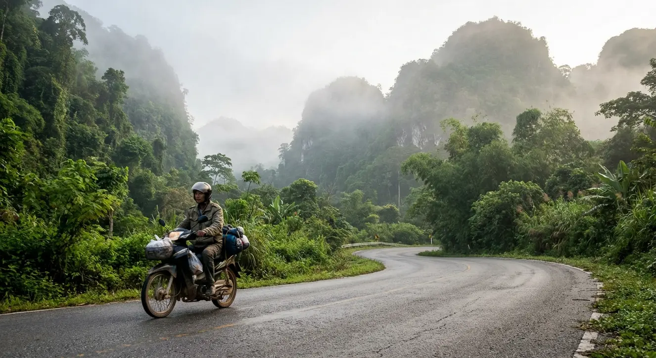 Thailands schönste Orte: Top 15 Reiseziele & Geheimtipps - Illustration Mopedfahrer auf kurvenreicher Bergstraße in Nordthailand, umgeben von dichter Vegetation und Nebel am Morgen, natürliche Farben, Fokus auf Straße und Umwelt