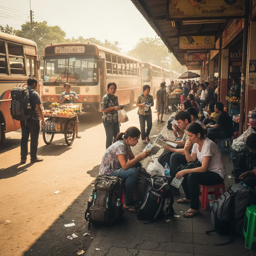 Staubiger Busbahnhof in Nordost-Thailand mit wartenden Reisenden, kämpfend gegen Hitze und pralle Sonne, authentisch und lebendig