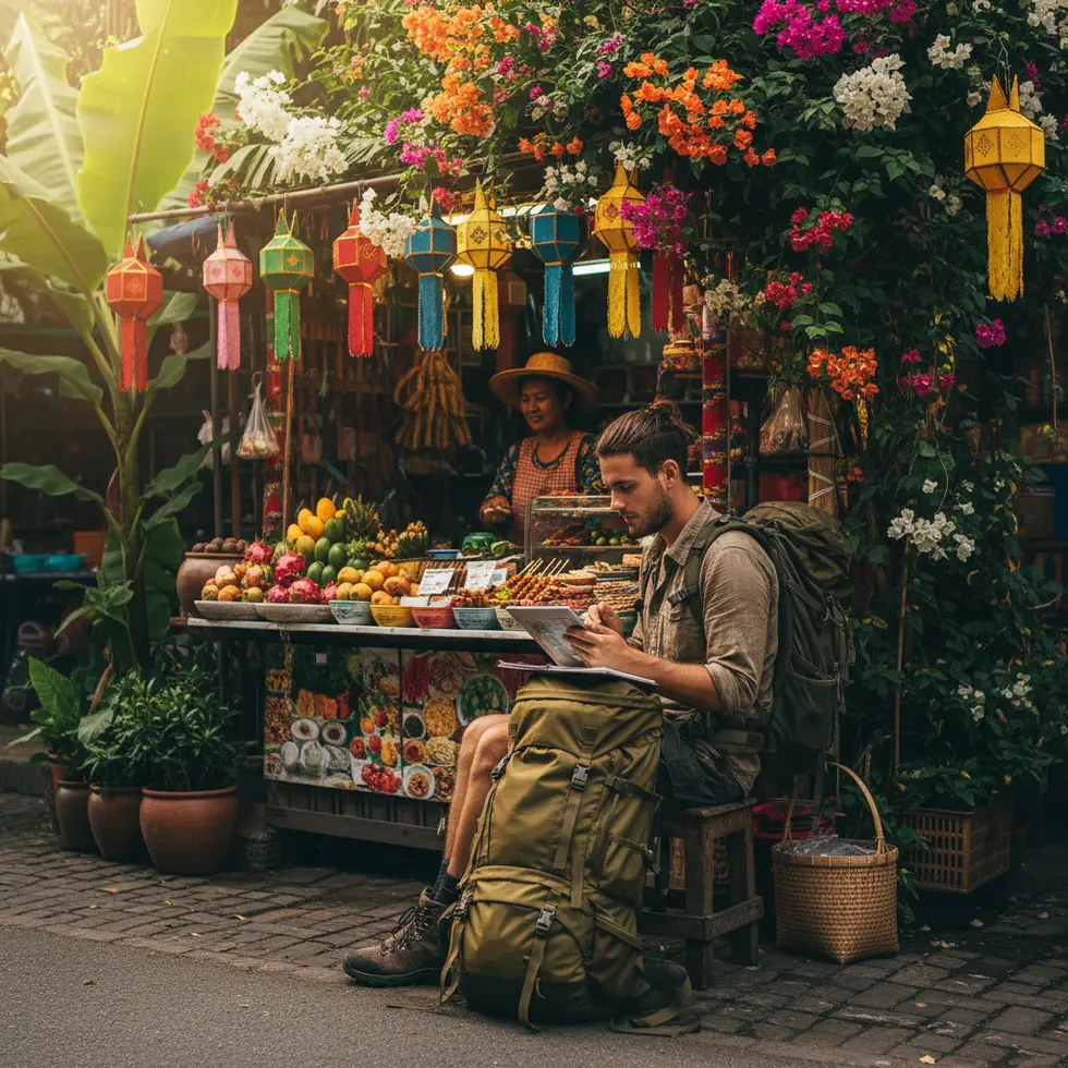Backpacker mit Rucksack vor einem farbenfrohen Thaistand, umgeben von tropischer Vegetation, entspannt und fokussiert auf Planung