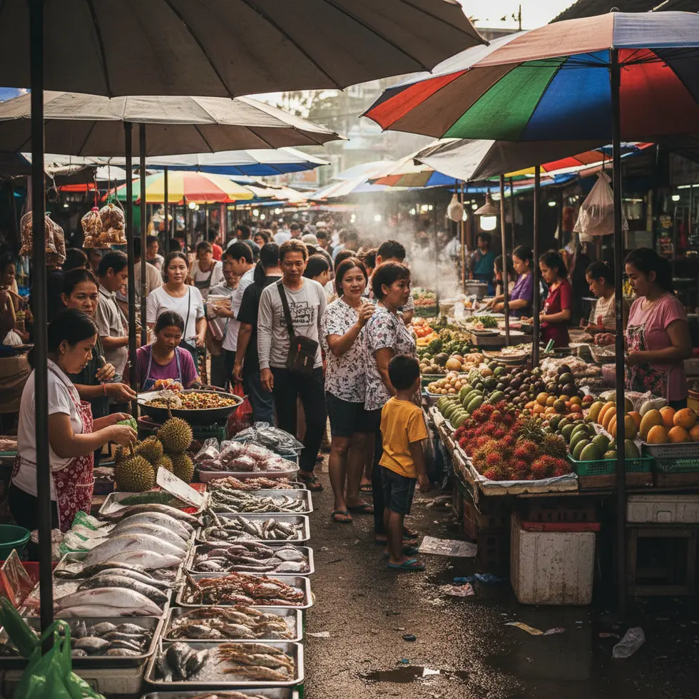 Bang Niang Market Khao Lak: Öffnungszeiten & Insider-Tipps - Illustration Lebhafter thailändischer Markt mit bunten Ständen, dichtem Menschengewühl, fangfrischem Fisch und exotischem Obst