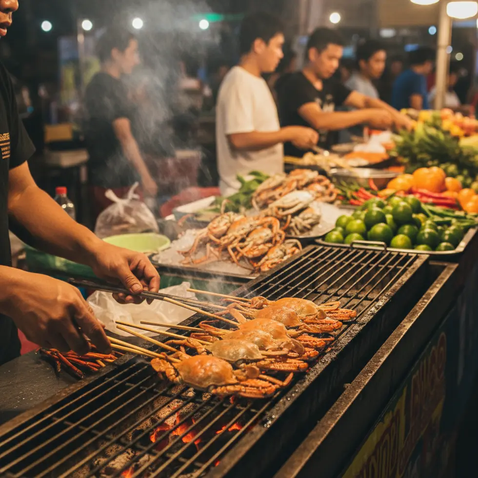 Bang Niang Market Khao Lak: Öffnungszeiten & Insider-Tipps - Illustration Nahaufnahme eines Straßenfood-Stands, an dem frisch gegrillte Krabbenspieße zubereitet werden, lebendige Marktatmosphäre, warme Farbtöne
