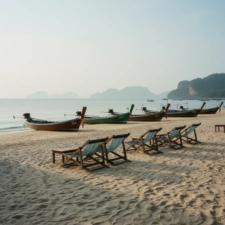 Bangkok Strand: Leerer Strand mit bunten Booten und Liegestühlen im Morgenlicht