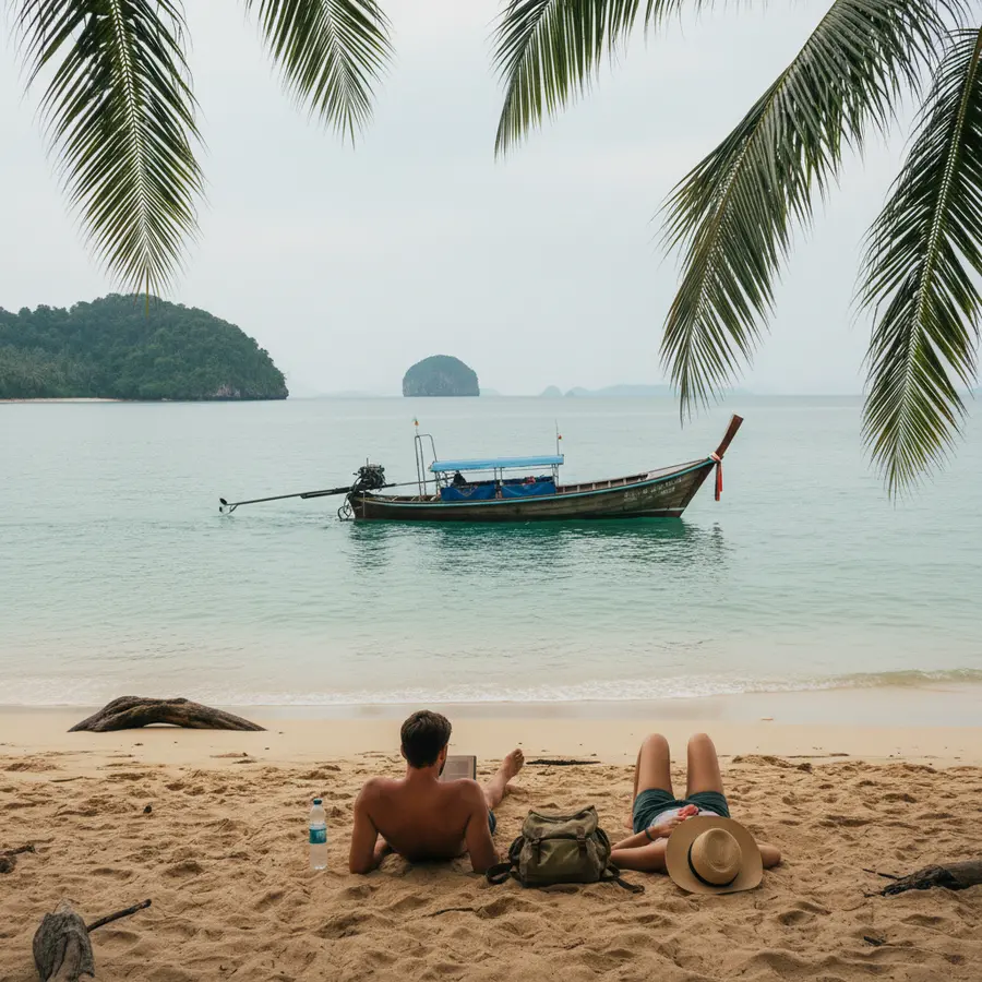 Bangkok Strand: Backpacker am menschenleeren thailändischen Strand mit Boot