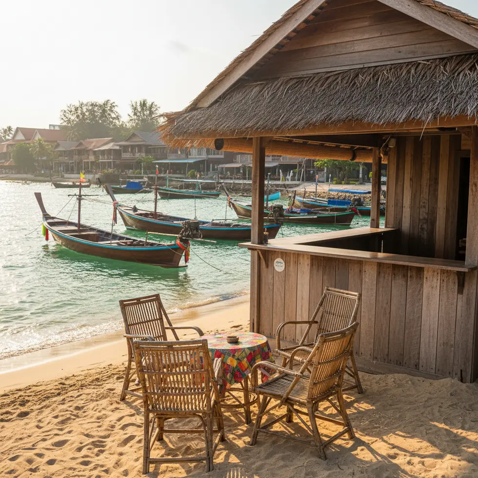Warmes Tageslicht auf einem kleinen Strandcafé mit bunten Booten im Hintergrund, Sonnenstrahlen spielen auf Wasseroberfläche und hölzernen Gebäuden