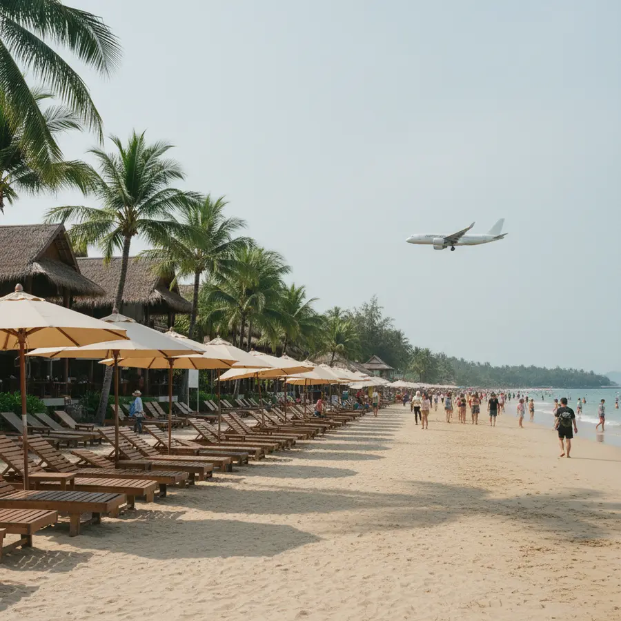 Chaweng Strand Koh Samui mit Liegestühlen, Hütten und Landeanflug im Hintergrund