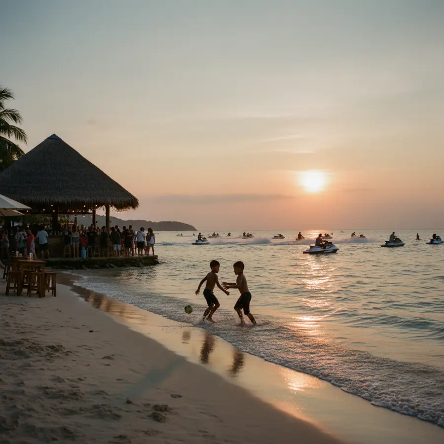 Chaweng Strand Koh Samui bei Sonnenuntergang mit Kindern und Jet-Skis